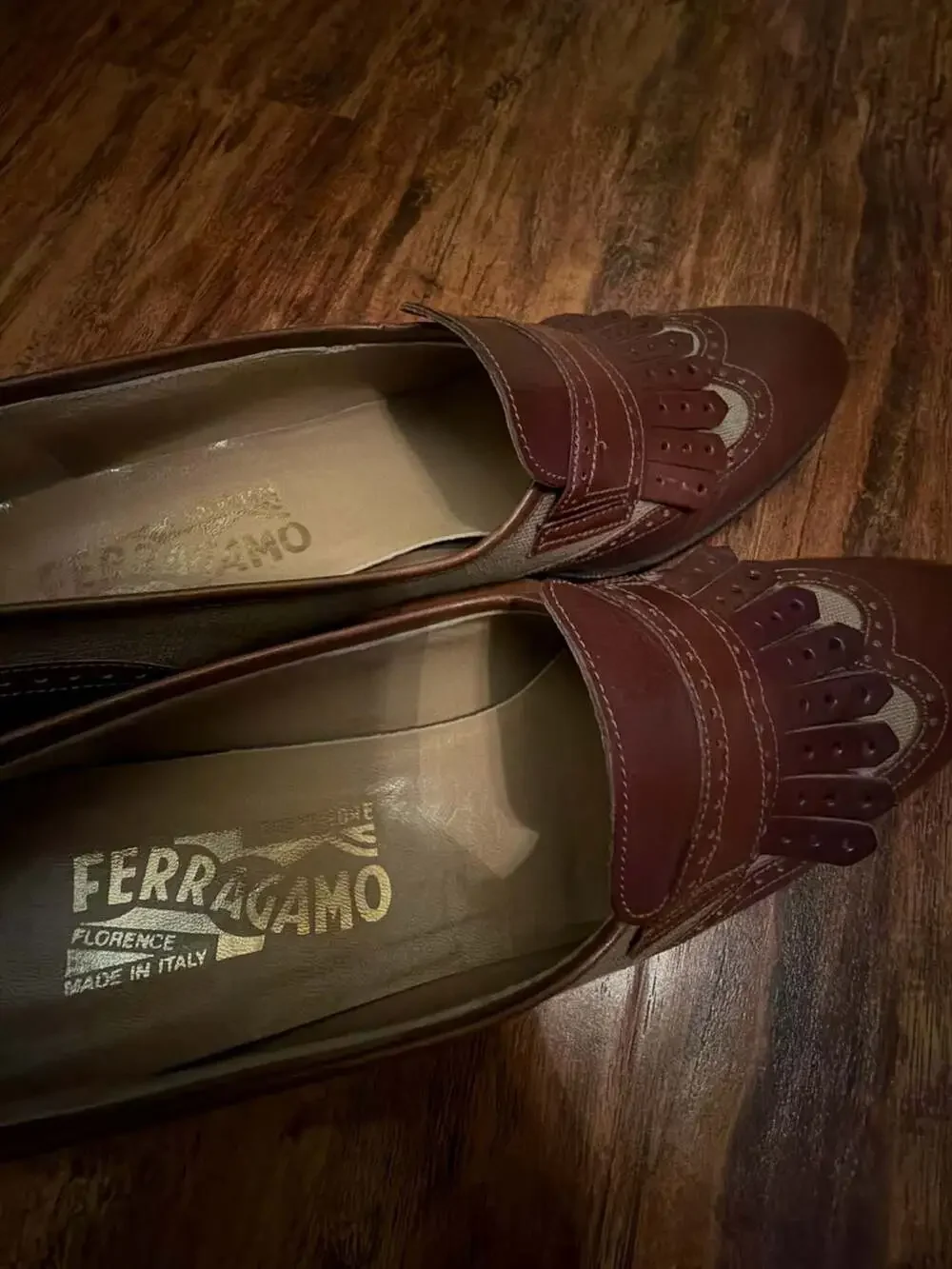 Salvatore Ferragamo Brown Leather and Canvas Kiltie Wingtip Loafers